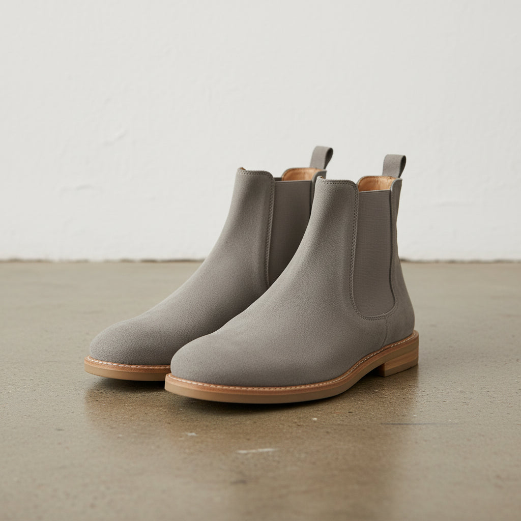 Handmade Mens Light Gray Suede Chelsea boots, Men Casual wear ankle boots - angle-view-showing-depth