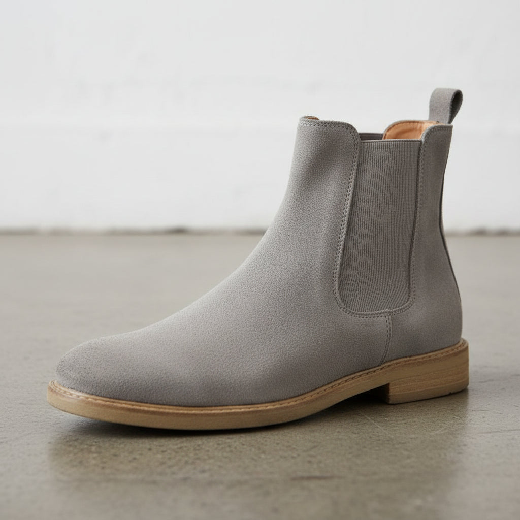 Handmade Mens Light Gray Suede Chelsea boots, Men Casual wear ankle boots - detail-view-showing-texture