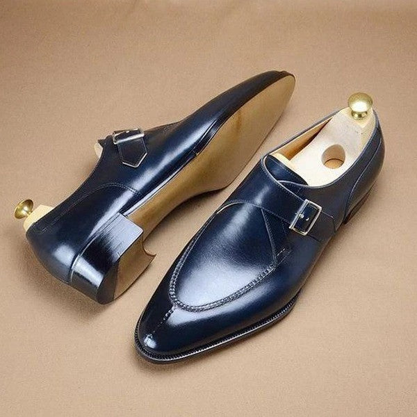 Handmade Mens Navy blue leather monk shoes, Mens dress shoes