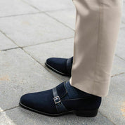 Handmade Mens Navy blue Oxfords Suede monk Shoes, Men blue suede dress shoe