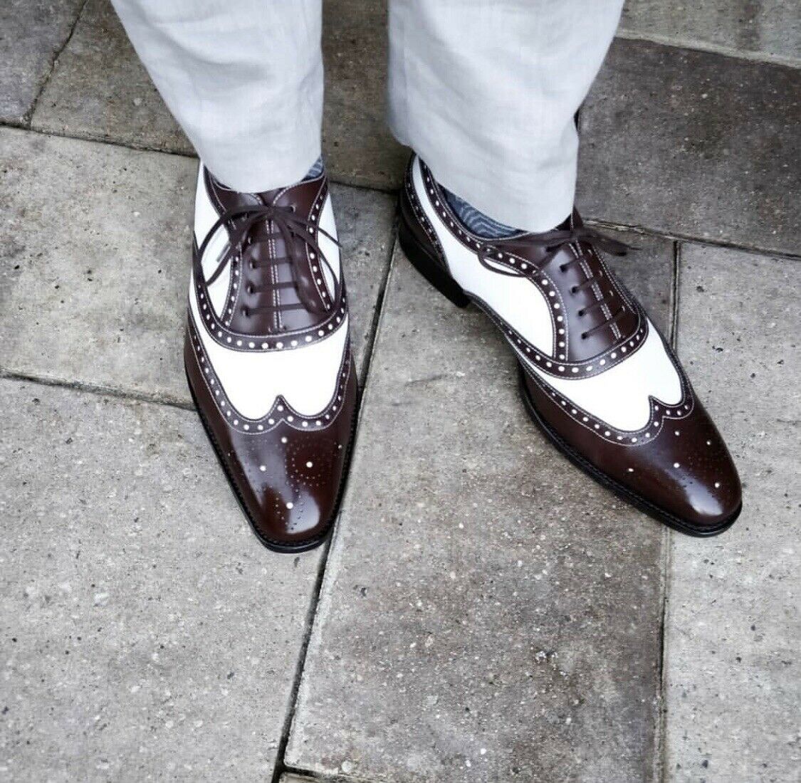 Handmade Mens Spectator Two tone Wing tip brogue Dress shoes