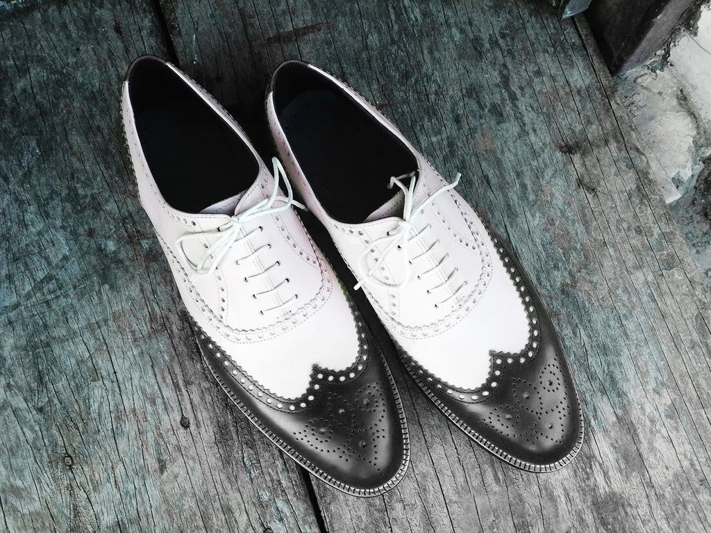 Handmade Mens Spectator Two tone Wing tip brogue Dress shoes, shoes for men