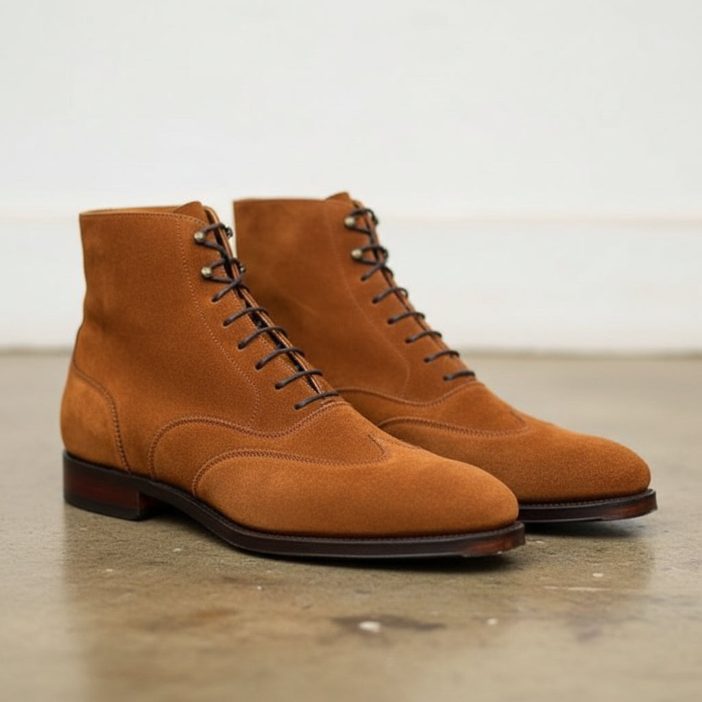 Handmade Mens Tan color Suede Lace up ankle boot, Men Casual classic boots - 3-4-right-view