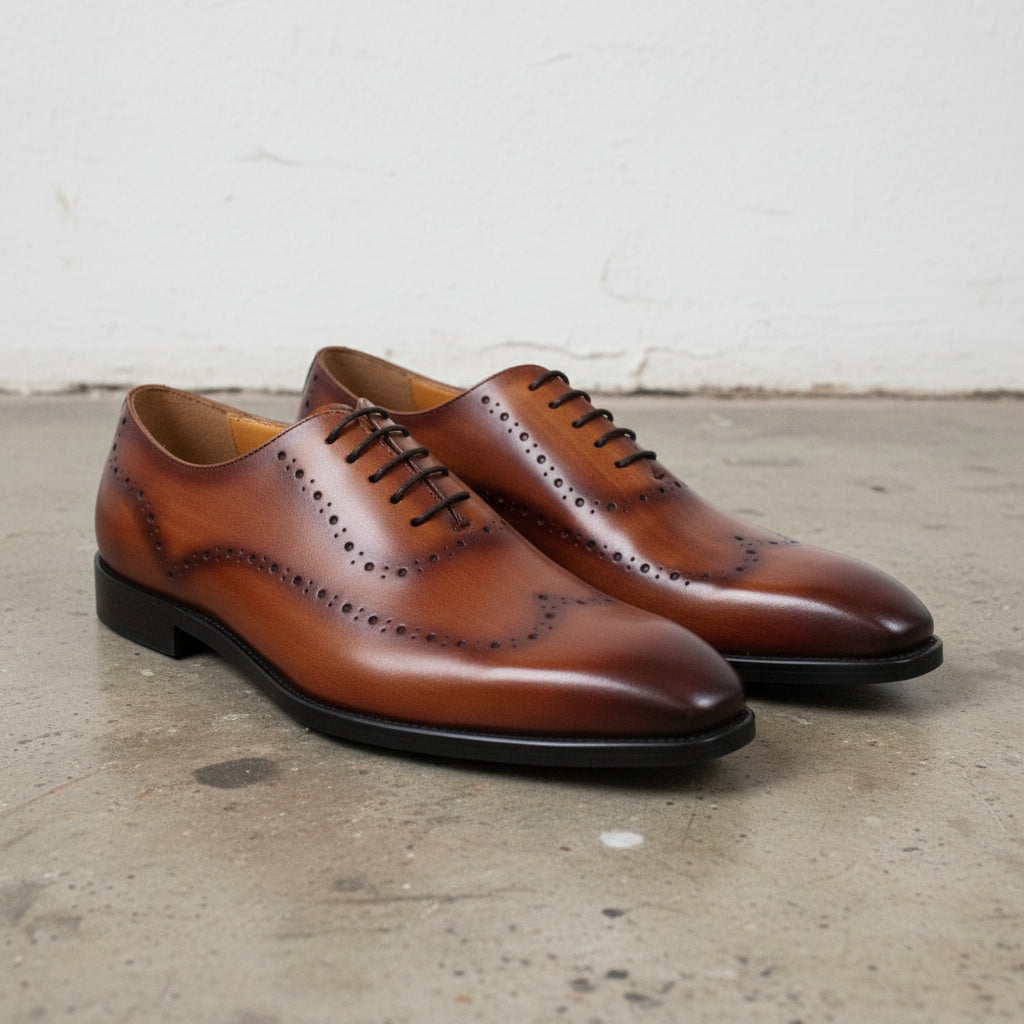 Handmade Mens tan wing tip brogue dress shoes, Men classic formal shoes - angle-view-showing-depth