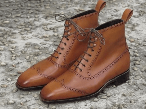 Handmade Mens Tan wing tip dress boots, Men lace up leather ankle boots