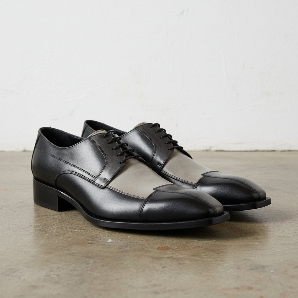 Handmade Mens Three tone Derby dress shoes, Men leather formal derby shoes - angle-view-showing-depth