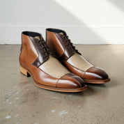 Handmade Mens Triple tone Chukka boots, Men Square toe Lace up dress boots. - angle-view-showing-depth