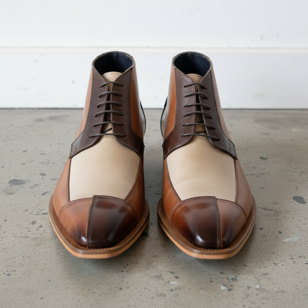 Handmade Mens Triple tone Chukka boots, Men Square toe Lace up dress boots. - front-view
