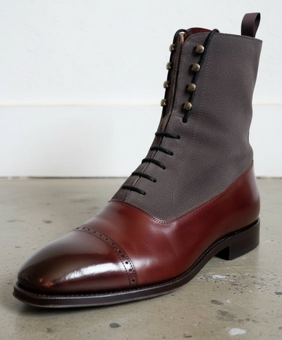 Handmade Mens Two tone ankle boots, Men lace up dress boot, Ankle high boot - detail-view-showing-texture