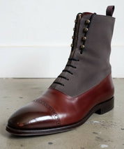 Handmade Mens Two tone ankle boots, Men lace up dress boot, Ankle high boot - detail-view-showing-texture