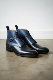 Handmade Mens two tone ankle boots, Round toe Lace up dress boot - angle-view-showing-depth
