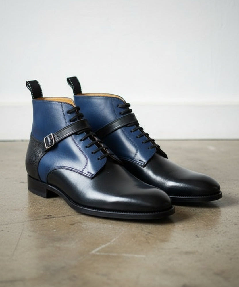 Handmade Mens two tone ankle boots, Round toe Lace up dress boot - angle-view-showing-depth