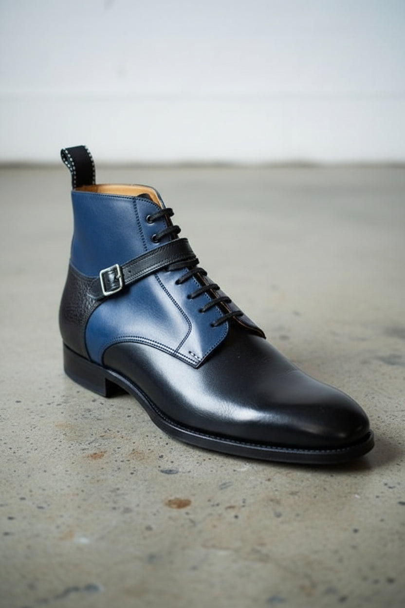 Handmade Mens two tone ankle boots, Round toe Lace up dress boot - detail-view-showing-texture