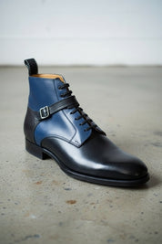Handmade Mens two tone ankle boots, Round toe Lace up dress boot - detail-view-showing-texture