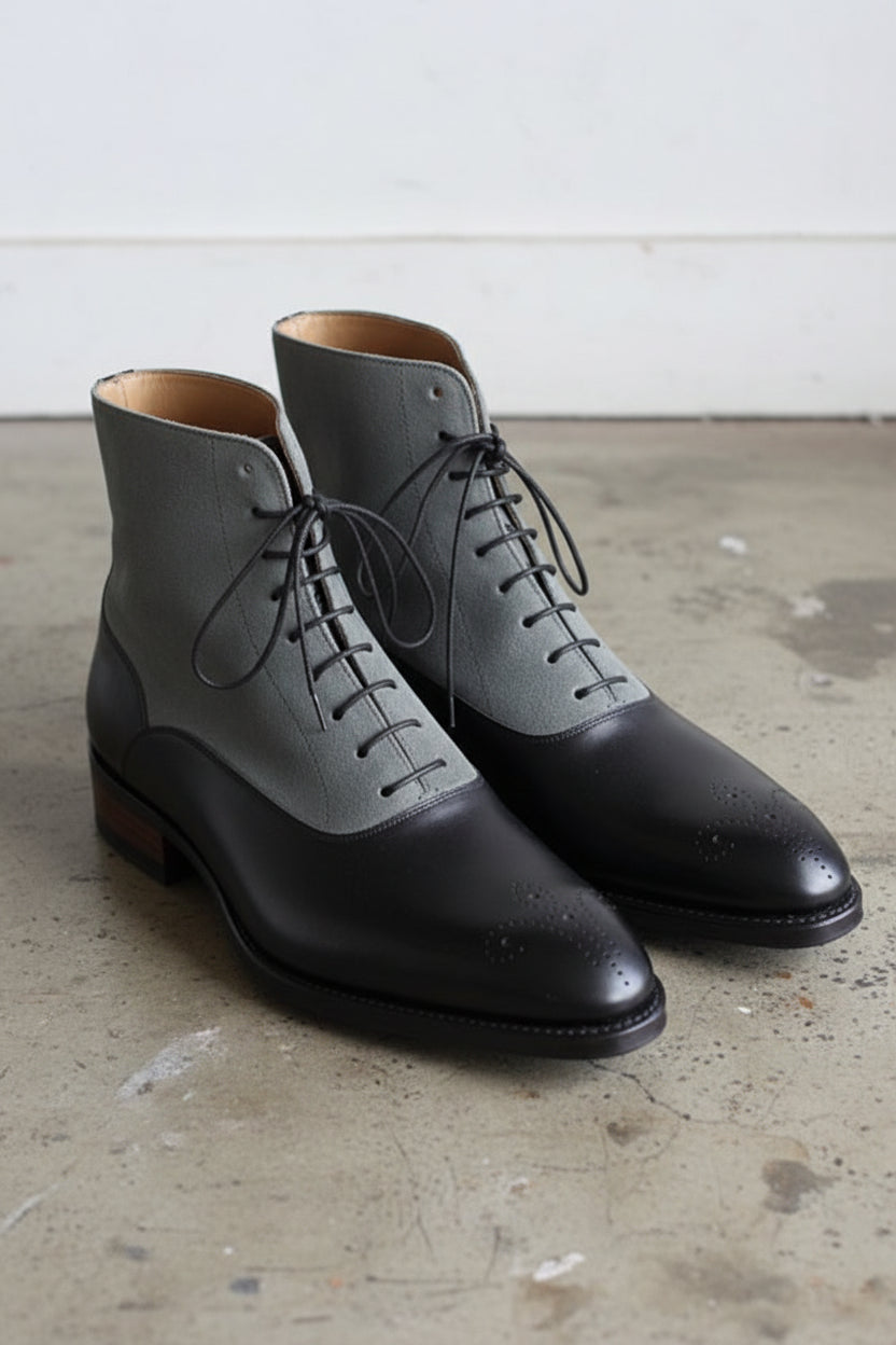 Handmade Men's Two Tone Chelsea Boots, Black And Gray Leather Boots, - 3-4-right-view