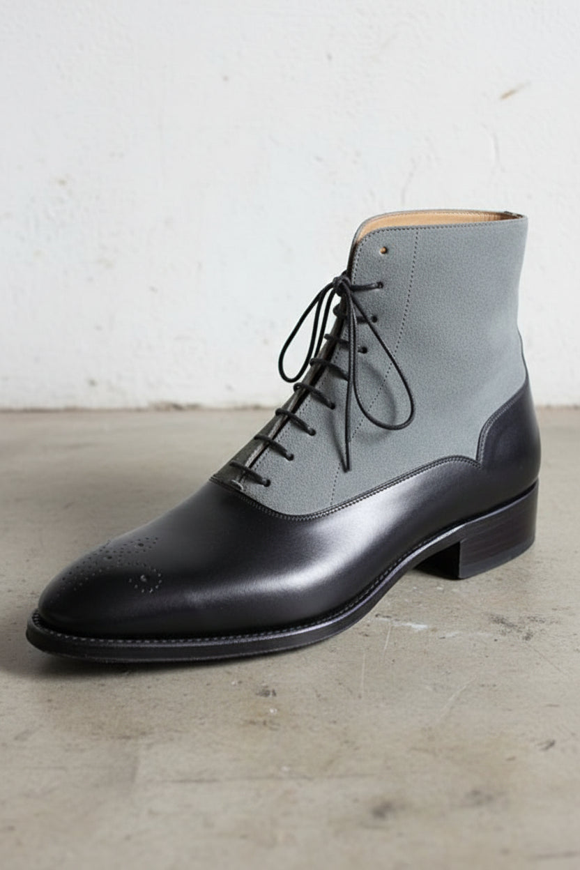 Handmade Men's Two Tone Chelsea Boots, Black And Gray Leather Boots, - detail-view-showing-texture
