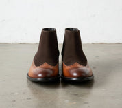 Handmade Mens Two tone Chelsea boots, Men Brown leather and Suede boots - angle-view-showing-depth - front-view