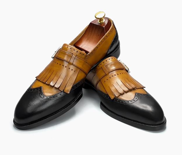 Handmade Mens Two tone Dress shoes, Men Brown and black fringe shoes