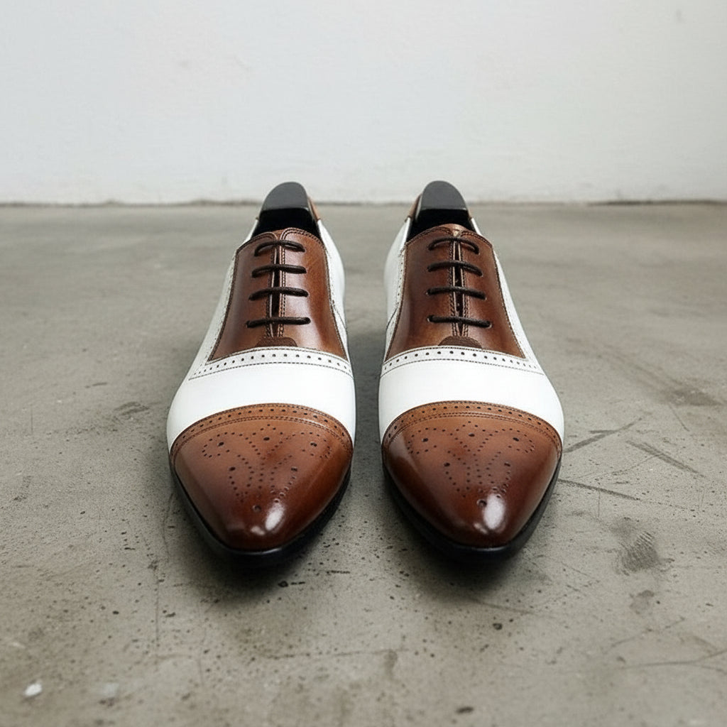 Handmade Mens Two tone formal shoes, Men Spectator Shoes, Pointed toe shoes - front-view