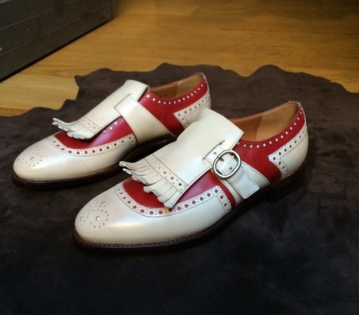 Handmade Mens Two tone fringe shoes, Men white party shoes, Monk shoes