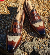 Handmade Mens Two Tone Fringe Shoes, Mne Real Calf Leather Dress Shoes - Image 3