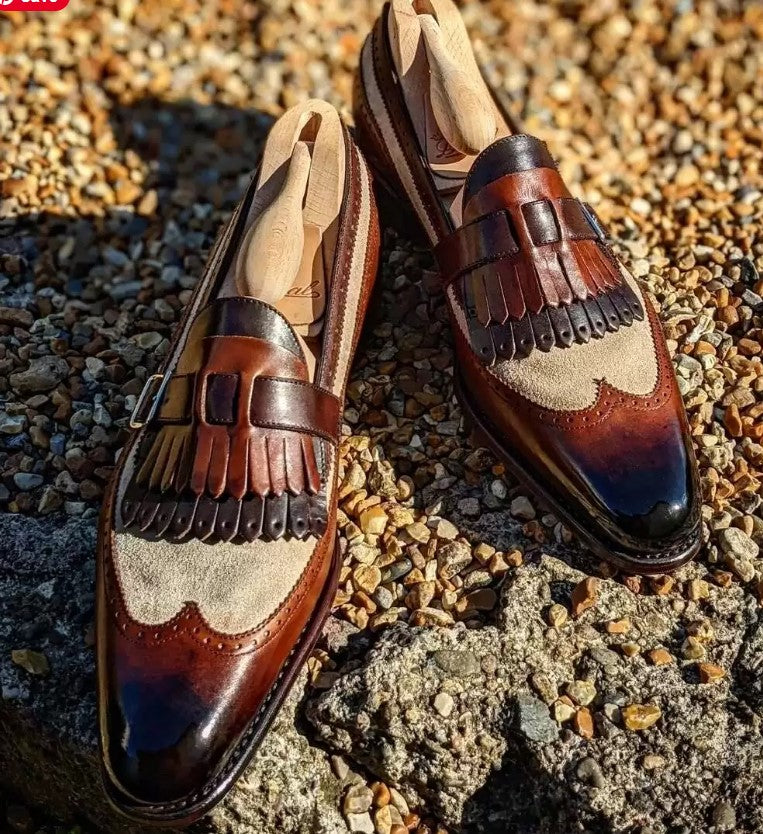 Handmade Mens Two Tone Fringe Shoes, Mne Real Calf Leather Dress Shoes - Image 3