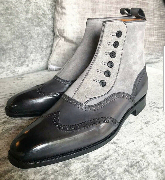 Handmade Mens Two tone Leather Button Boots, New Mens casual Button boot