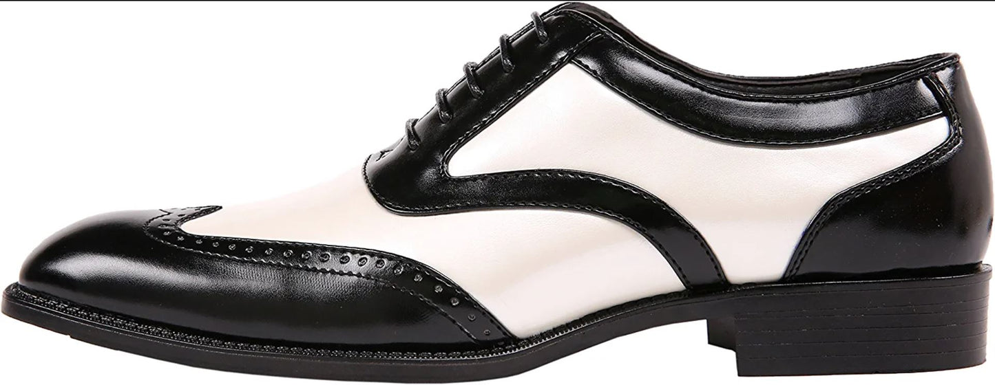 Handmade Mens two tone Tuxedo shoes, wing tip black and white dress shoes