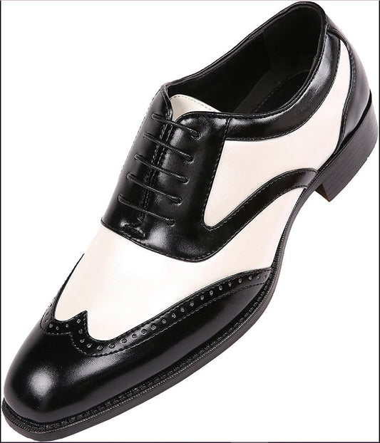 Handmade Mens two tone Tuxedo shoes, wing tip black and white dress shoes