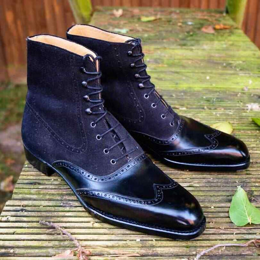 Handmade Mens two tone Wingtip brogue boots, Men black Navy dress boots