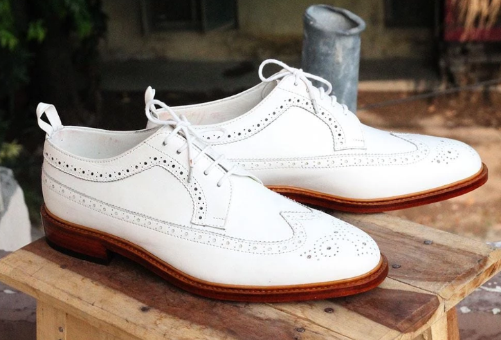 Handmade Mens White brogue Leather shoes, Mens wing tip formal shoes