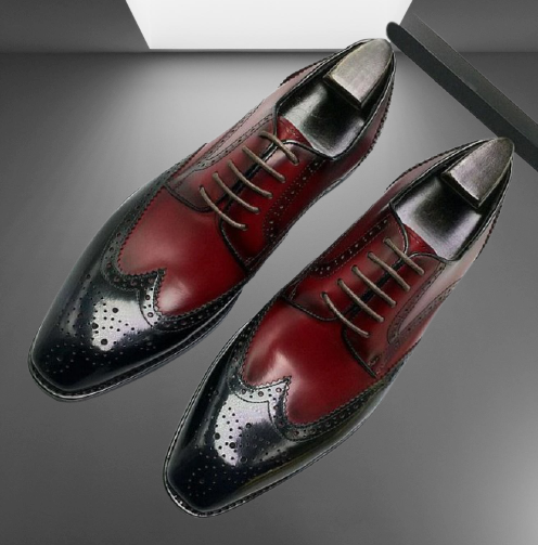 Men's Wing Tip Brogue Dress Shoes in Two Tone Leather