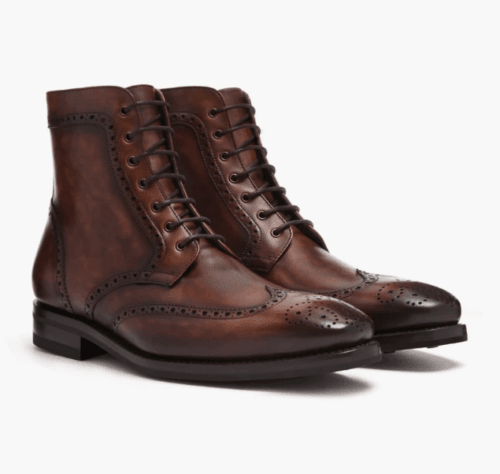 Handmade Mens Wing tip brogue Lace up Dress boot, Men brown high ankle boot