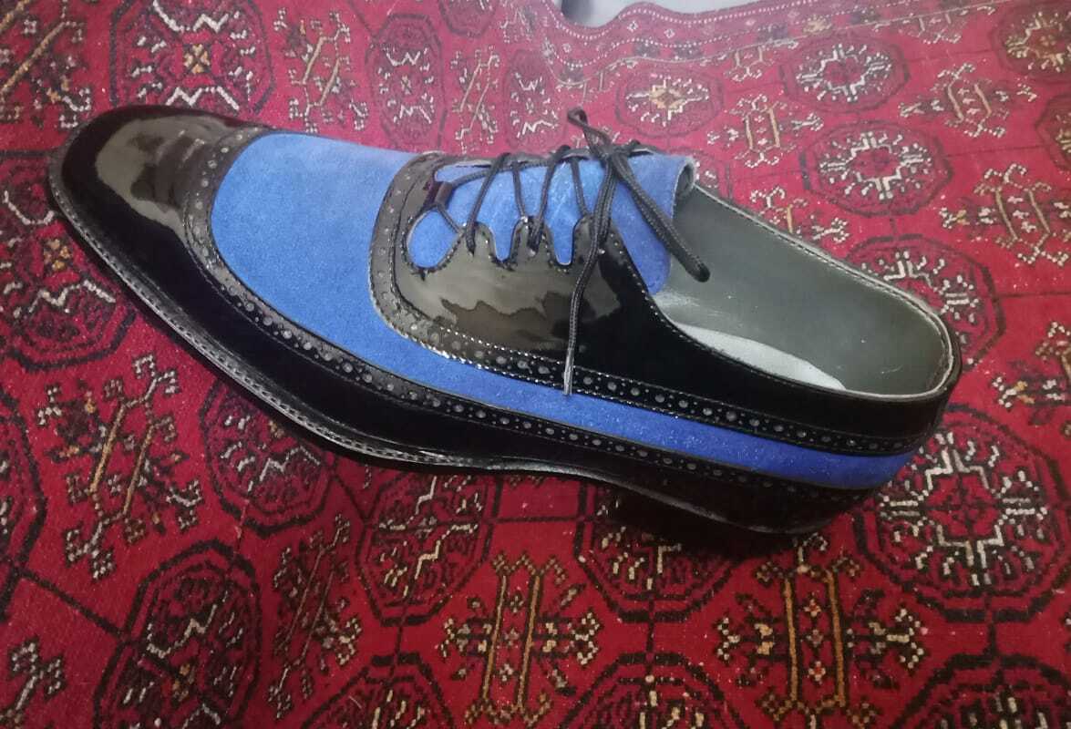 Handmade Mens wing tip Two tone dress shoes, Men Black and Blue Party Shoe