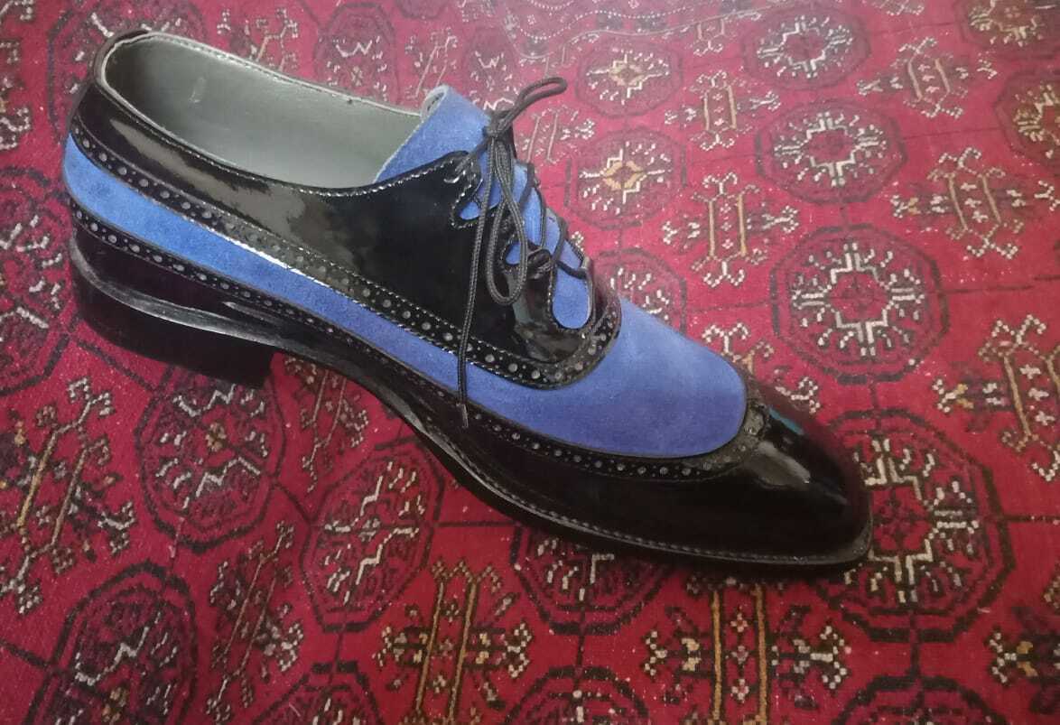 Handmade Mens wing tip Two tone dress shoes, Men Black and Blue Party Shoe