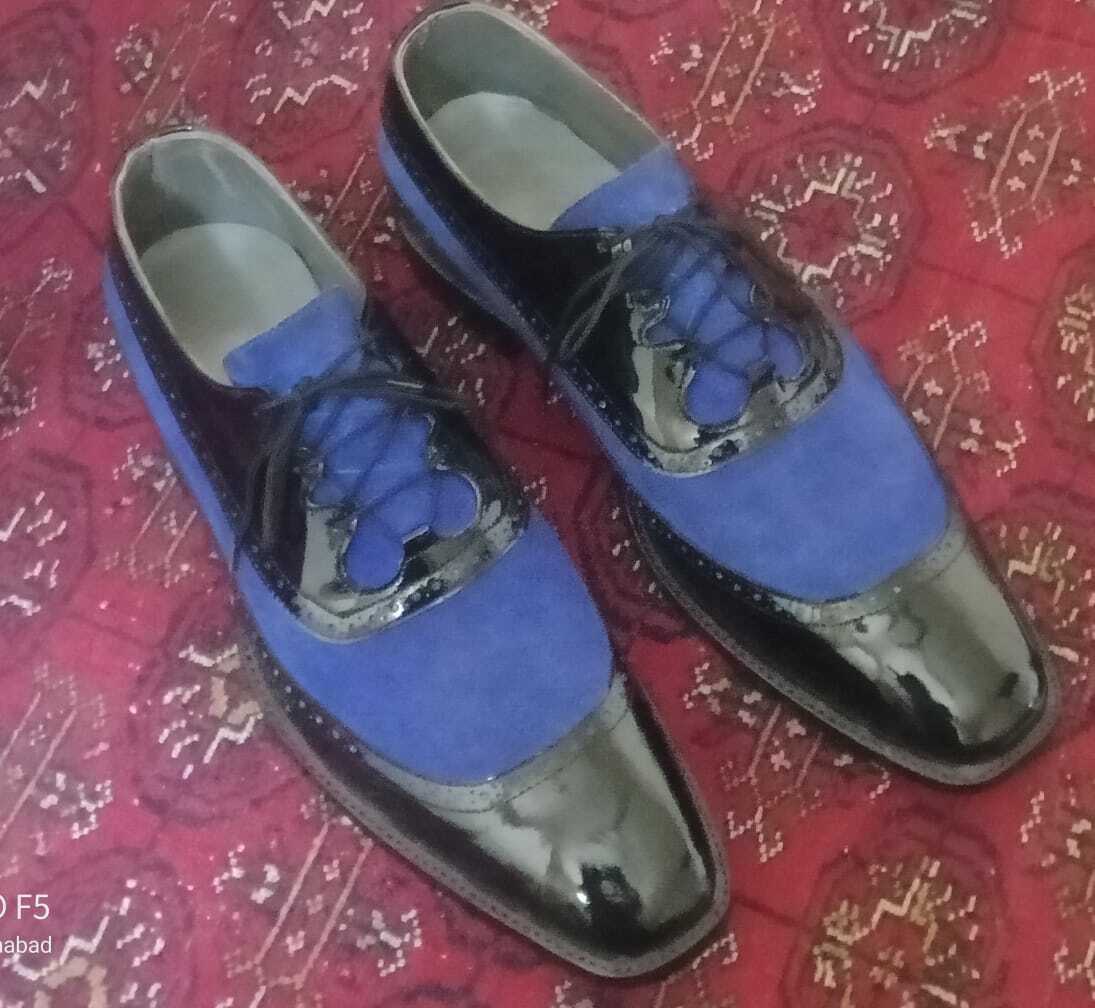 Handmade Mens wing tip Two tone dress shoes, Men Black and Blue Party Shoe