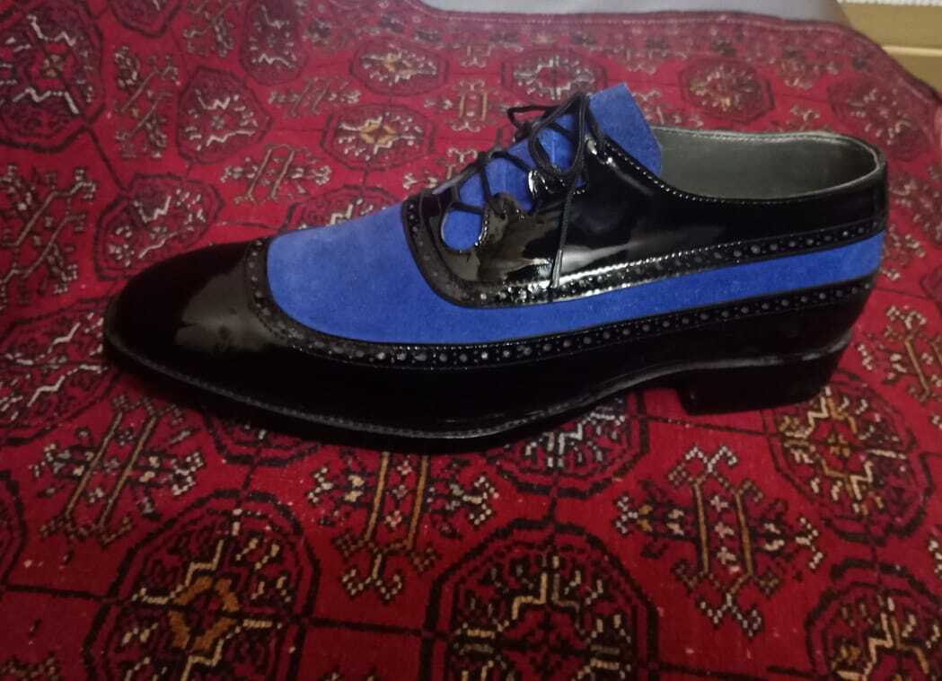 Handmade Mens wing tip Two tone dress shoes, Men Black and Blue Party Shoe