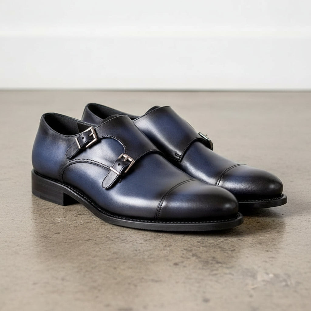 Handmade Navy blue double buckle dress shoes, Men blue monk formal shoes - angle-view-showing-depth