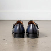 Handmade Navy blue double buckle dress shoes, Men blue monk formal shoes - back-view