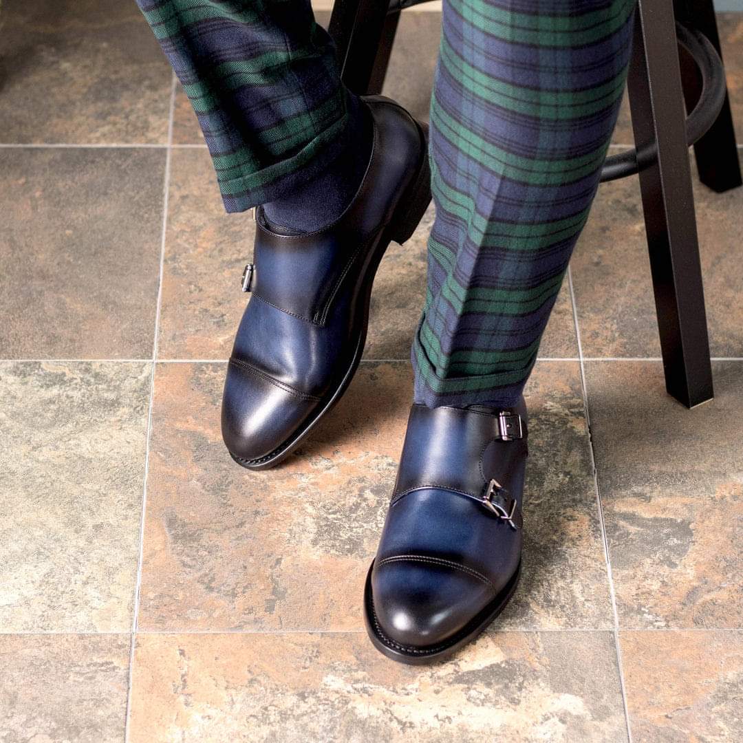 Handmade Navy blue double buckle dress shoes, Men blue monk formal shoes