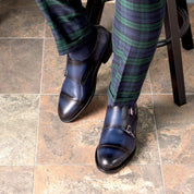 Handmade Navy blue double buckle dress shoes, Men blue monk formal shoes
