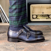 Handmade Navy blue double buckle dress shoes, Men blue monk formal shoes