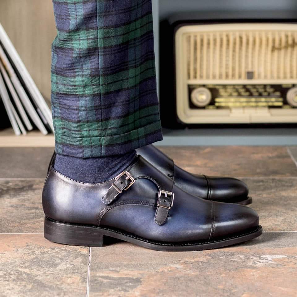 Handmade Navy blue double buckle dress shoes, Men blue monk formal shoes