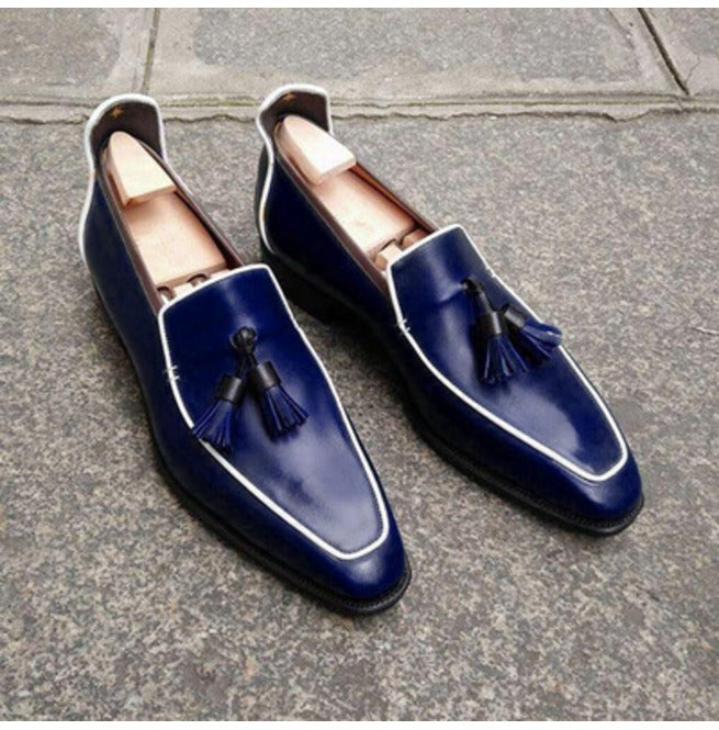 Handmade Navy blue Square toe Leather Moccasins, blue leather dress shoes