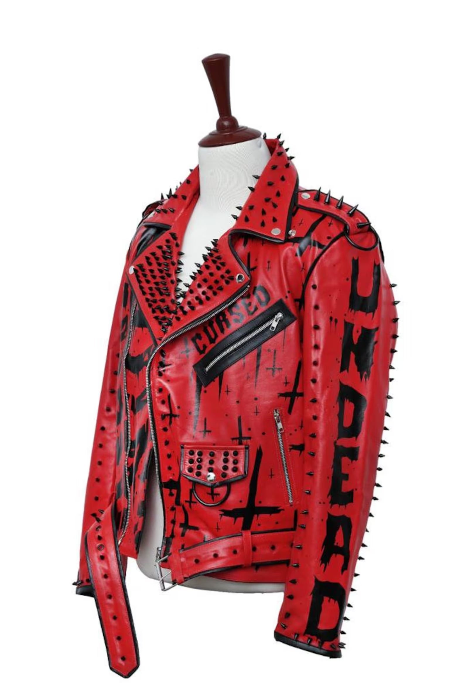 Handmade Red Sinner Leather Jacket, Men Punk Style Fashion Jacket - Image 2