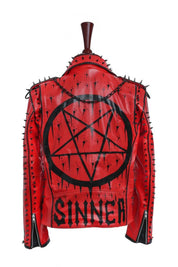 Handmade Red Sinner Leather Jacket, Men Punk Style Fashion Jacket - Image 3
