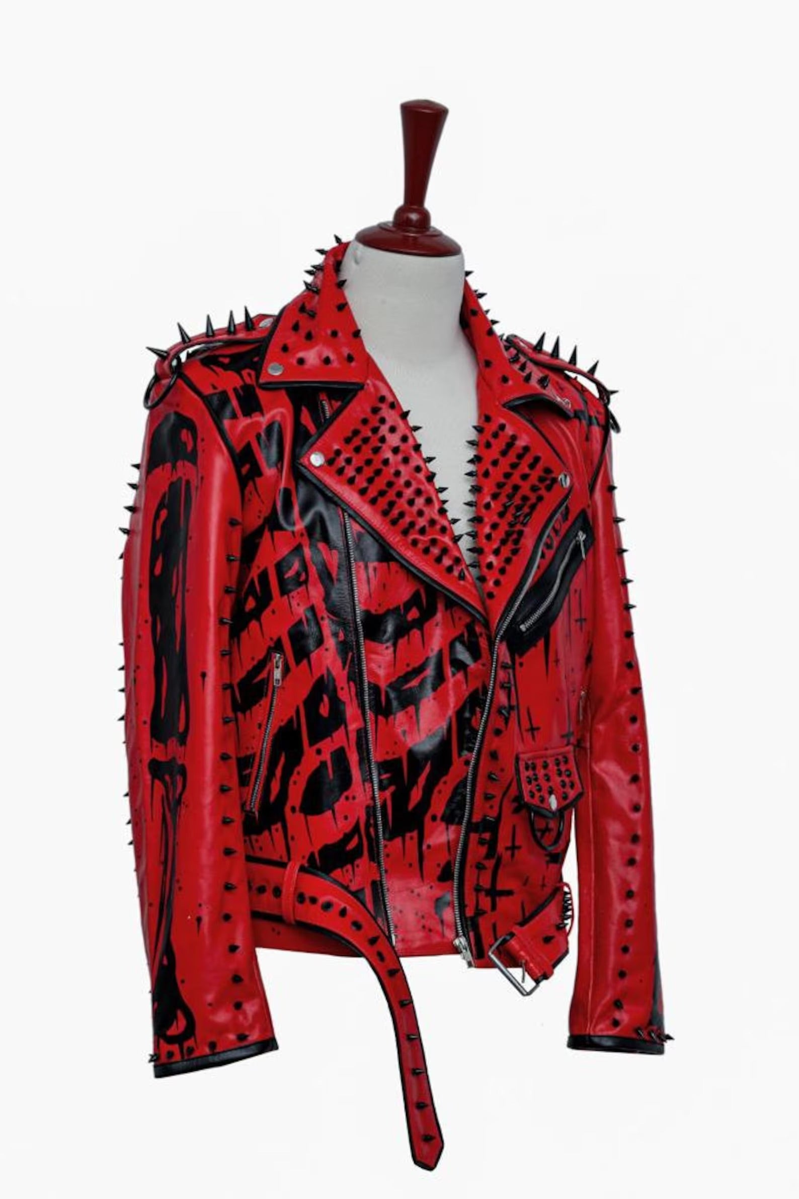 Handmade Red Sinner leather jacket, men punk style fashion jacket