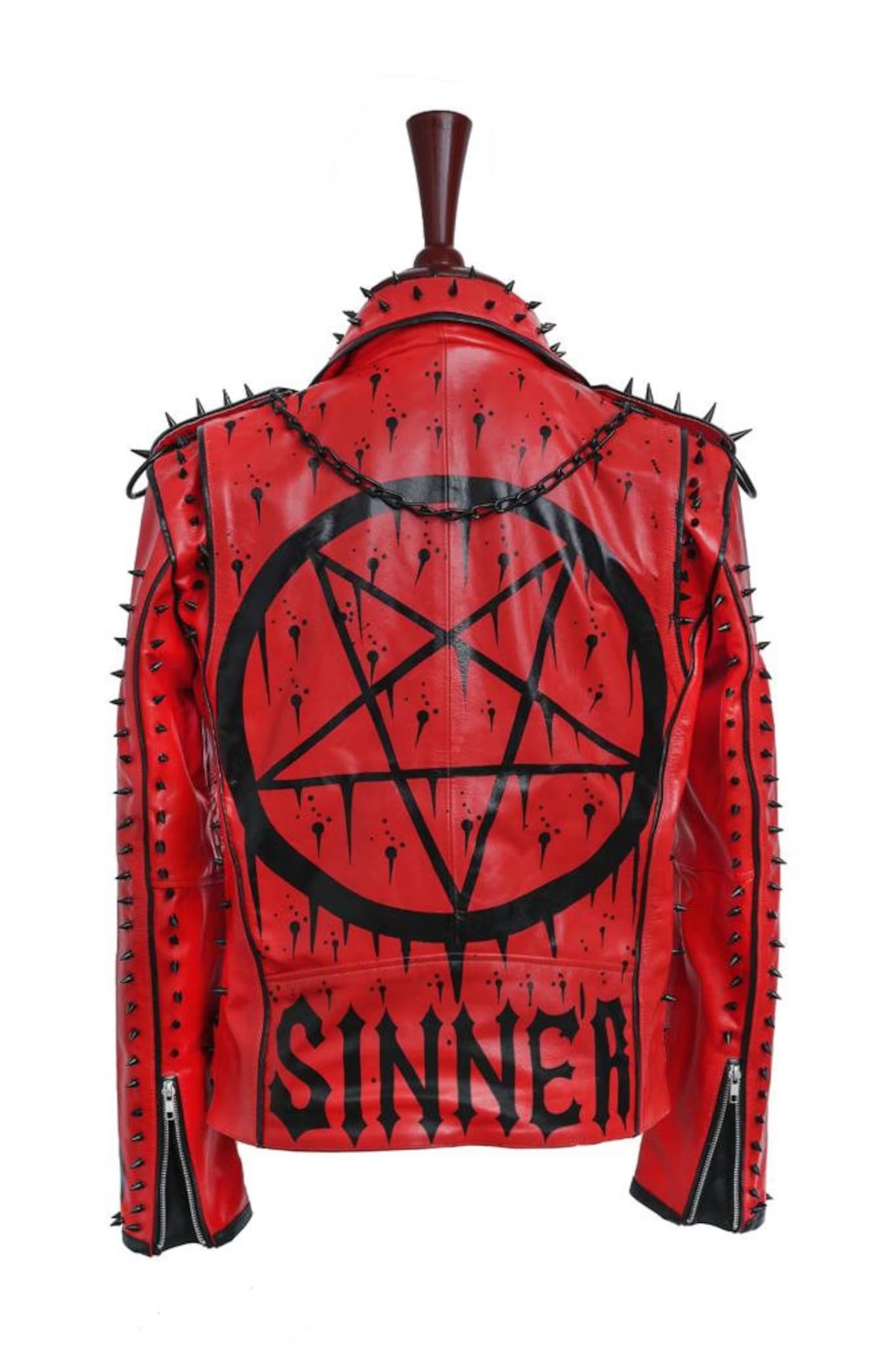 Handmade Red Sinner leather jacket, men punk style fashion jacket