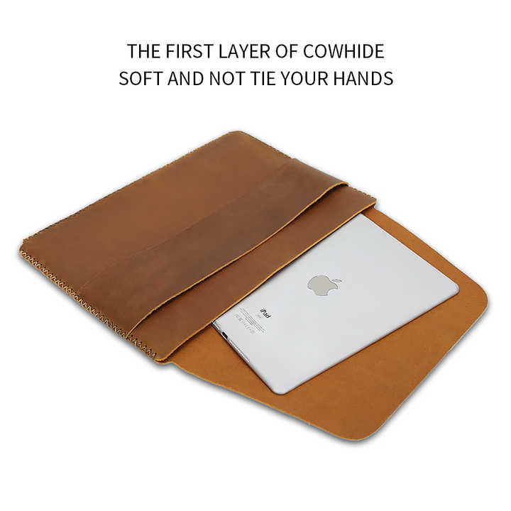 Handmade Slim Waterproof Flap Genuine Leather Unisex Laptop Sleeve