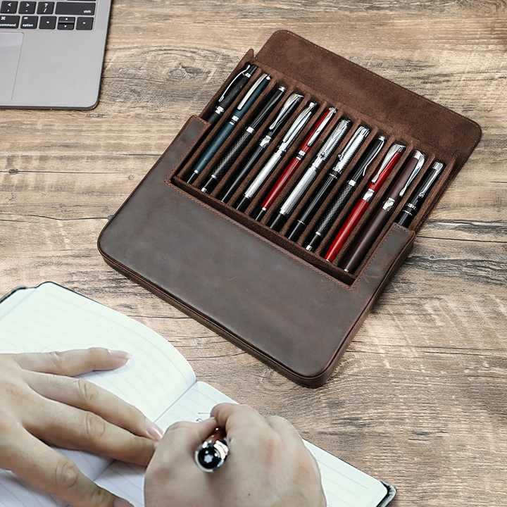 Handmade Spacious Crazy Horse Leather 12-Pen Case Holder for Professionals